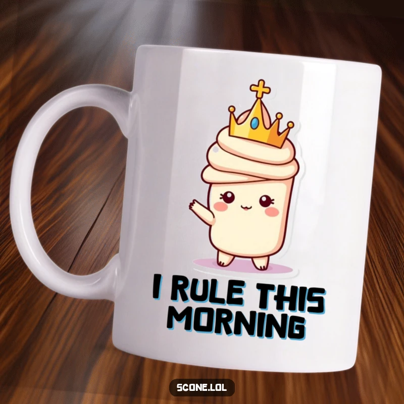 Funny mug featuring a scone character wearing a tiny golden crown, striking a proud, regal pose with a sophisticated air.