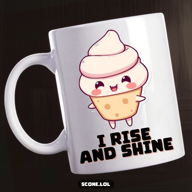 Funny scone mug featuring a smiling scone character doing a joyful bounce, perfect for a cheerful gift.
