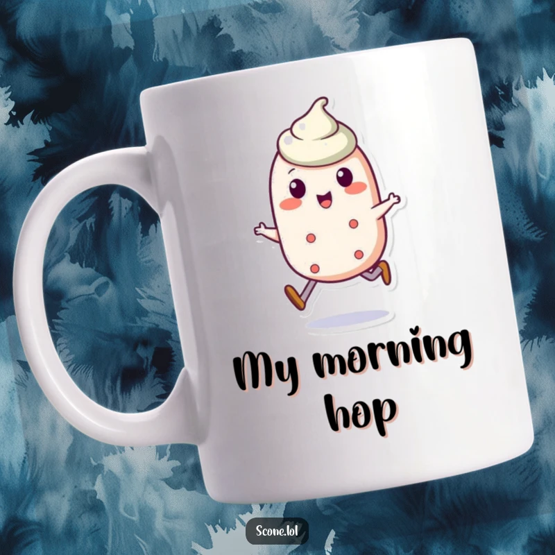 Funny scone character mug depicting a cheerful scone doing a jaunty little skip, full of energy and happiness.