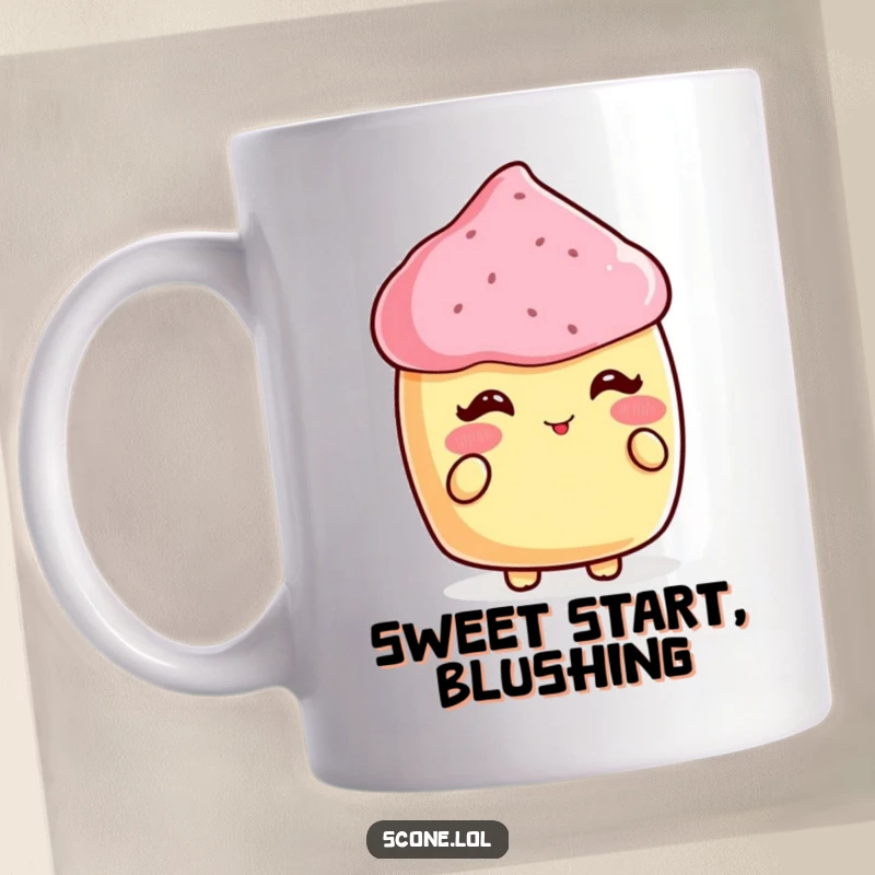 Funny mug depicting a charming scone blushing brightly as it receives a delightful compliment, embodying sweet appreciation.