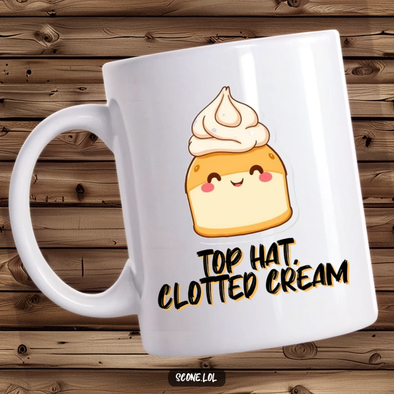 Funny scone wearing cream like a hat on a mug, beaming with a joyful expression, perfect for tea lovers.