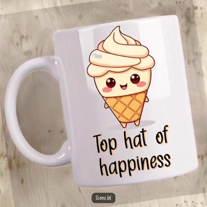 Funny mug featuring a scone character playfully wearing a dollop of cream as a stylish hat. Adorable pastry humor.
