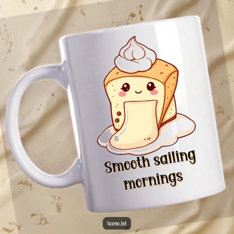 Funny scone mug showing a scone gleefully sliding down a dollop of whipped cream as if it were a slide, perfect for dessert lovers and as a funny gift.