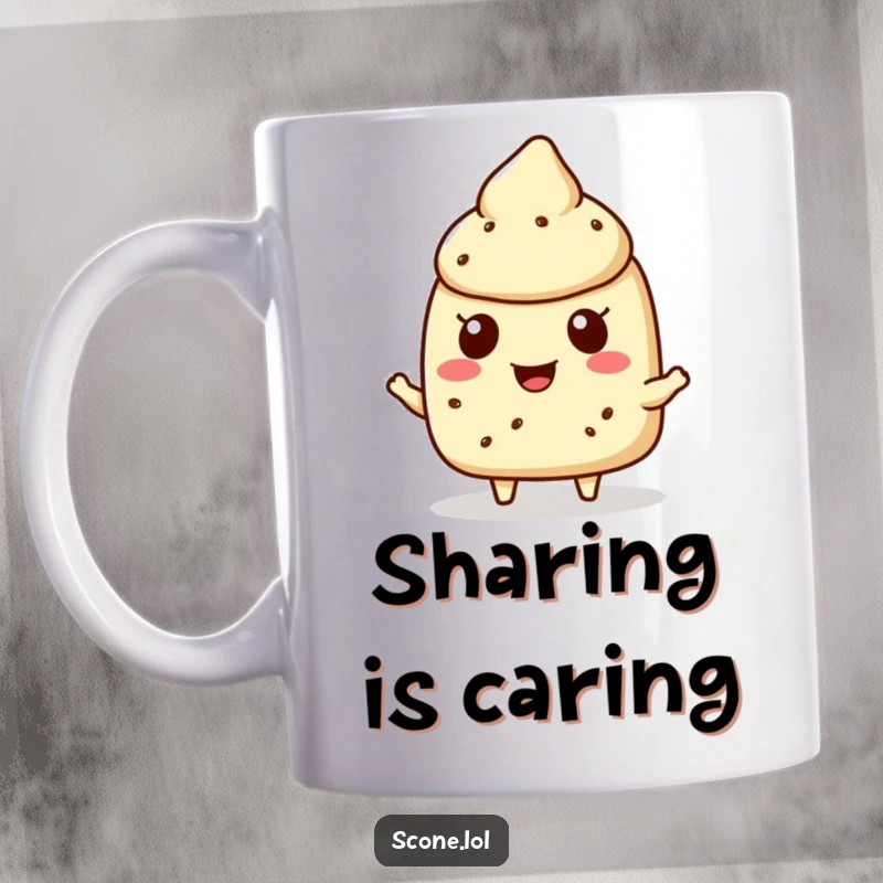 Funny scone character mug depicting a friendly scone offering a crumb with a warm, cheerful expression.