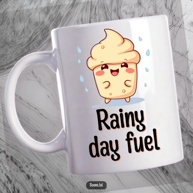 Funny scone character mug joyfully dodging raindrops with a wide, happy grin, showcasing its playful and resilient spirit.