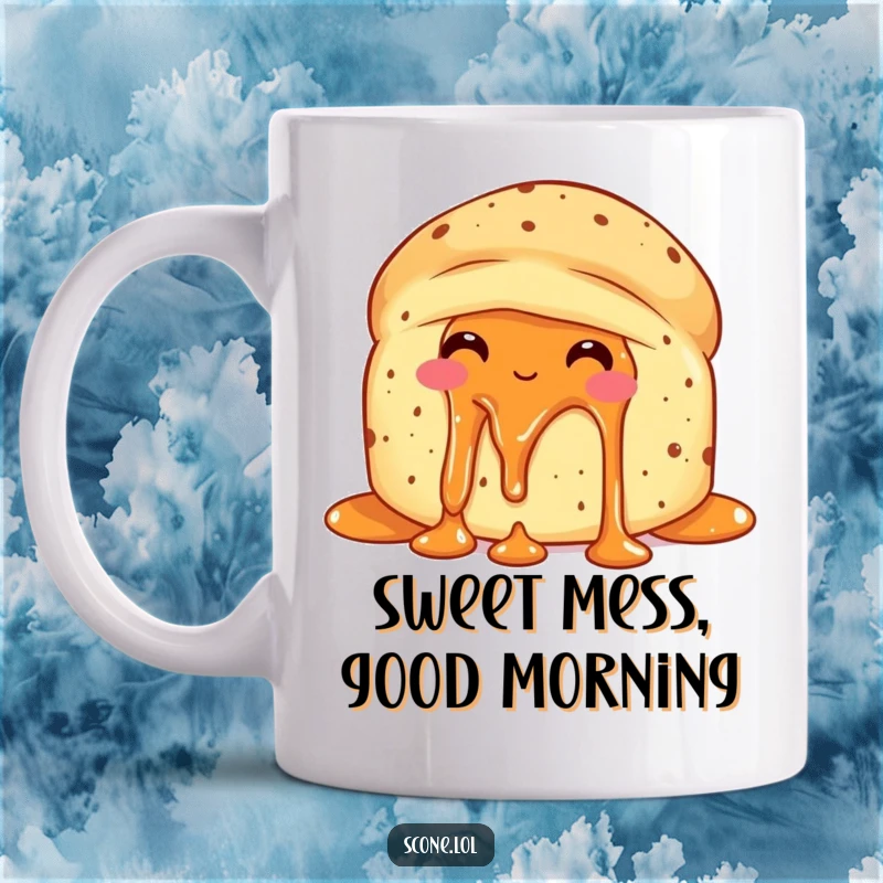 Funny scone with jam dripping, looking delighted with itself on a mug, celebrating delicious indulgence.