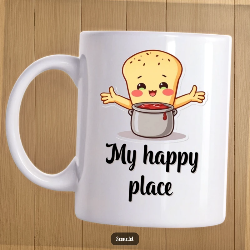Funny Mug: A scone character embraces a pot of jam with open arms, symbolizing love and deliciousness.