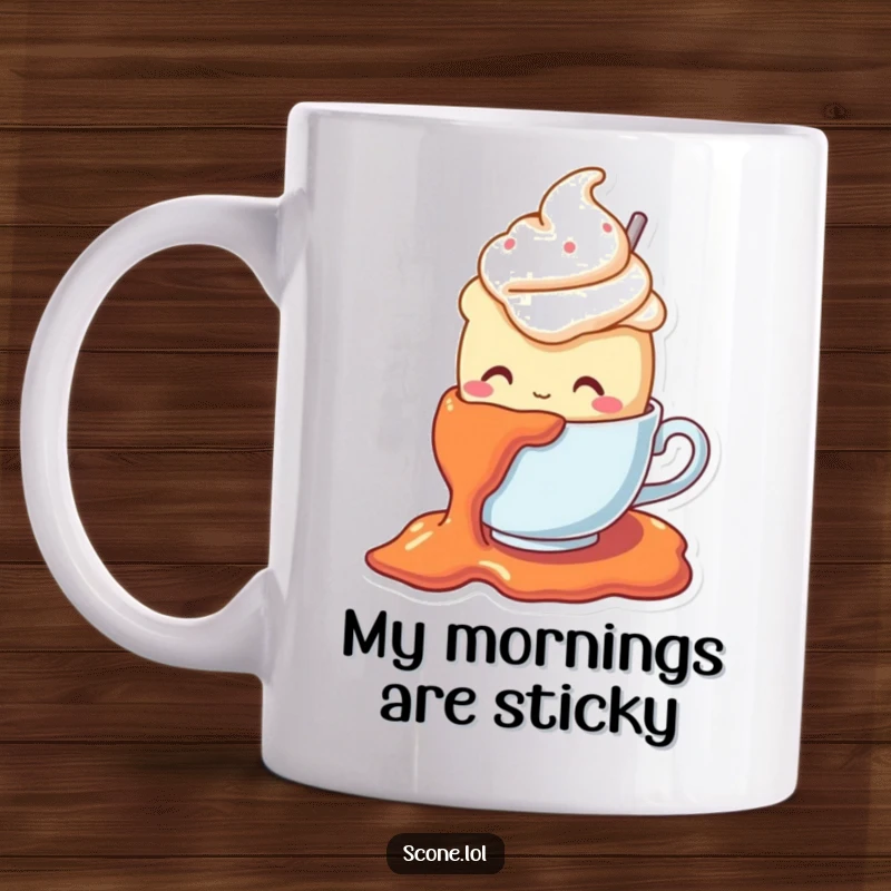 Funny mug depicting a scone character in a teacup hat, comically slipping on a dollop of jam, with wide, surprised eyes.