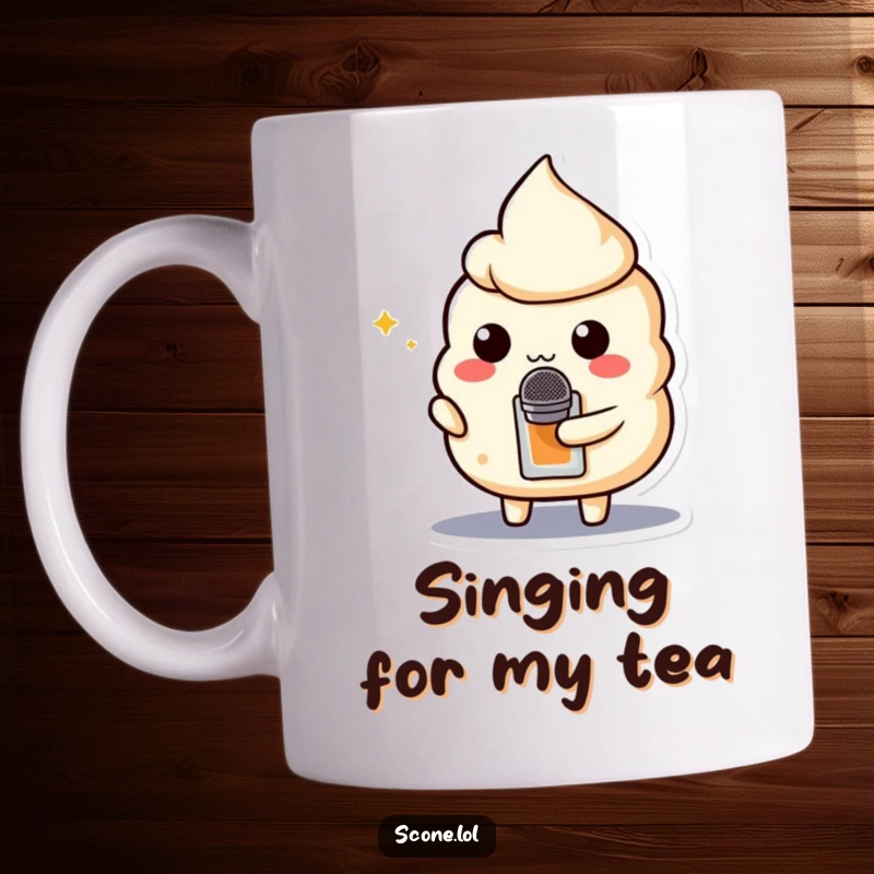 Funny mug with a scone character holding a small teabag like a microphone, ready to belt out a tune.