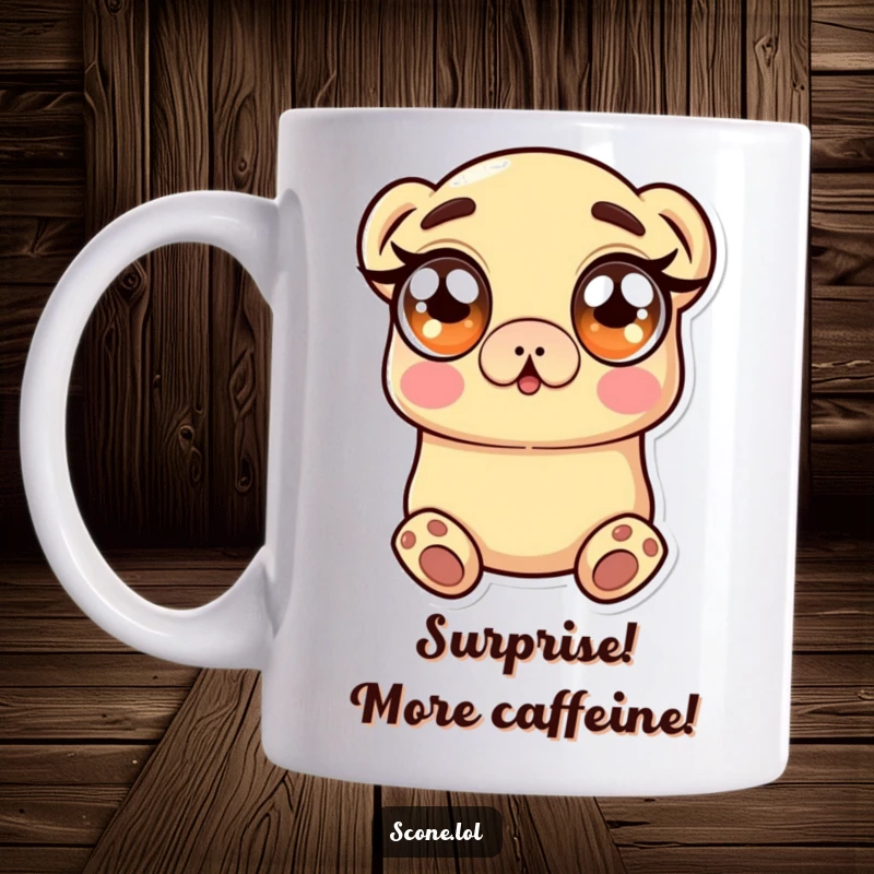 Funny Mug featuring a scone character with wide, sugary eyes showing surprise and shock, embracing a delightful pastry moment.