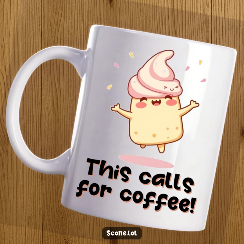 Funny Mug featuring a scone character doing a joyful celebratory spin, embodying excitement and happiness.