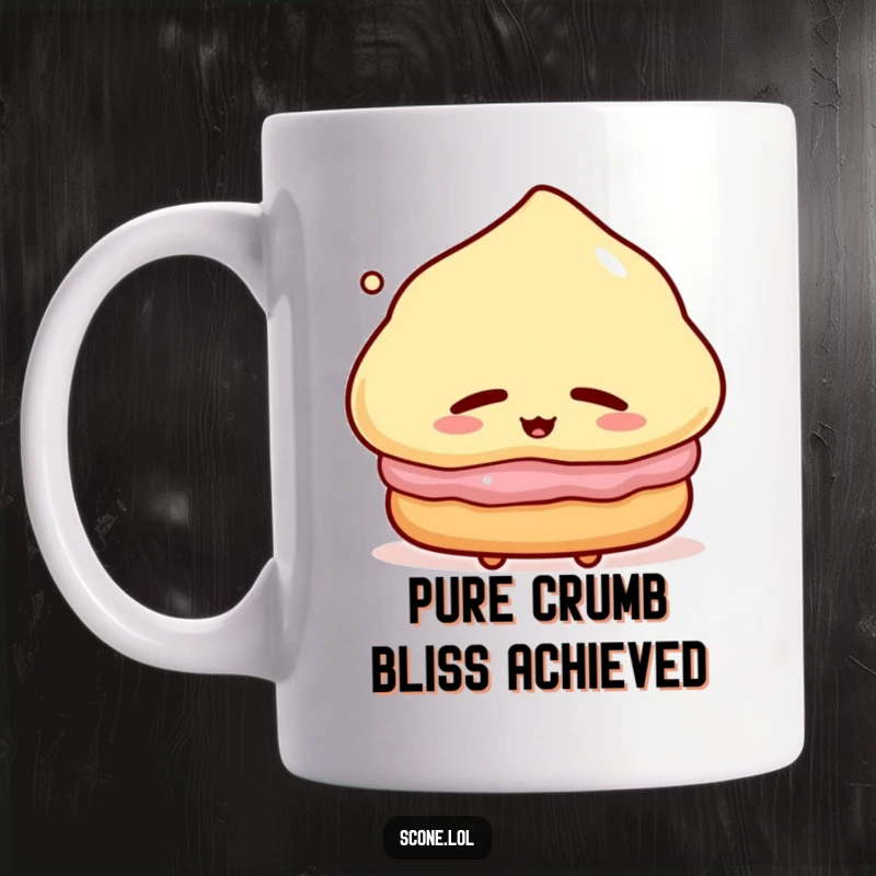 Funny Mug featuring a scone character sighing contentedly with closed eyes, embodying sweet satisfaction and a love for baked goods.