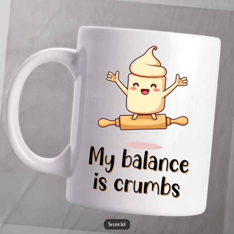 Funny mug featuring a scone character precariously balanced on a rolling pin, arms flailing wildly in a comical display of panic.