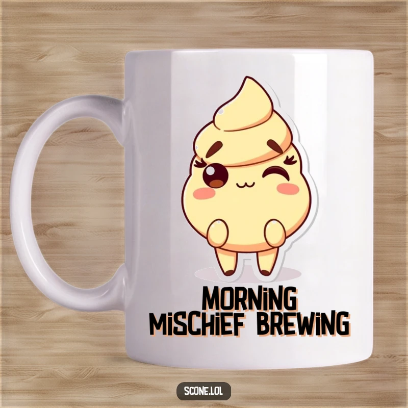 Funny Scone Mug with a character showing raised eyebrows and a playful smirk, embodying cheeky baked good humor.