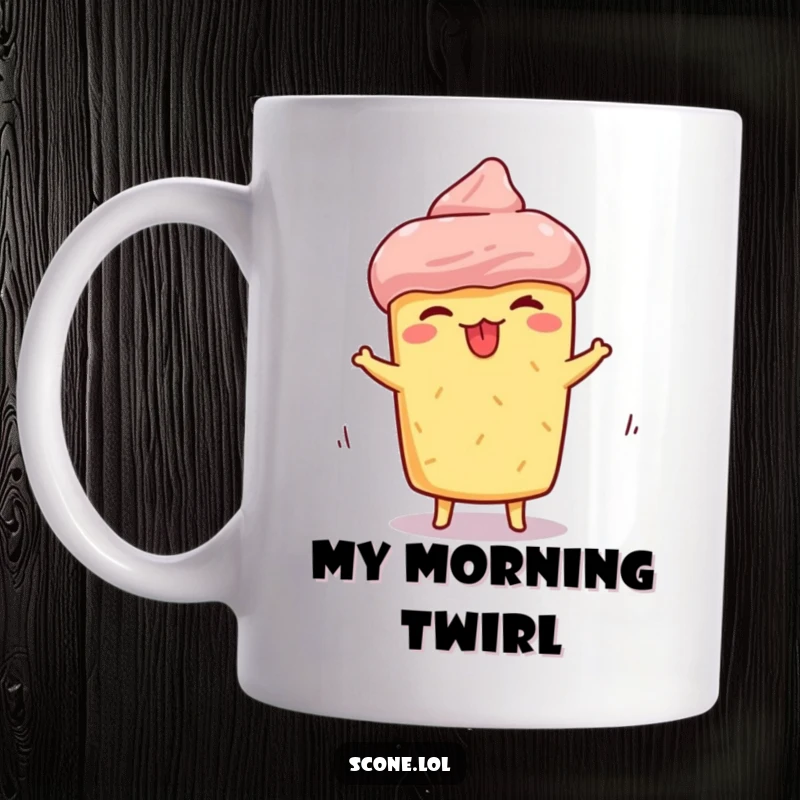 Funny scone mug with a silly face and tongue sticking out while spinning, a humorous and playful baked goods design.