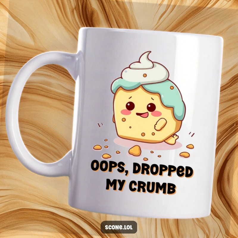 Funny mug featuring a clumsy scone character hilariously tripping over a tiny crumb, embodying comical mishap.