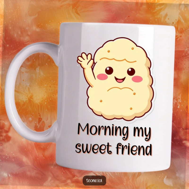 Funny scone mug featuring a fluffy scone with a smiling face joyfully waving, perfect for scone lovers seeking a cheerful gift.