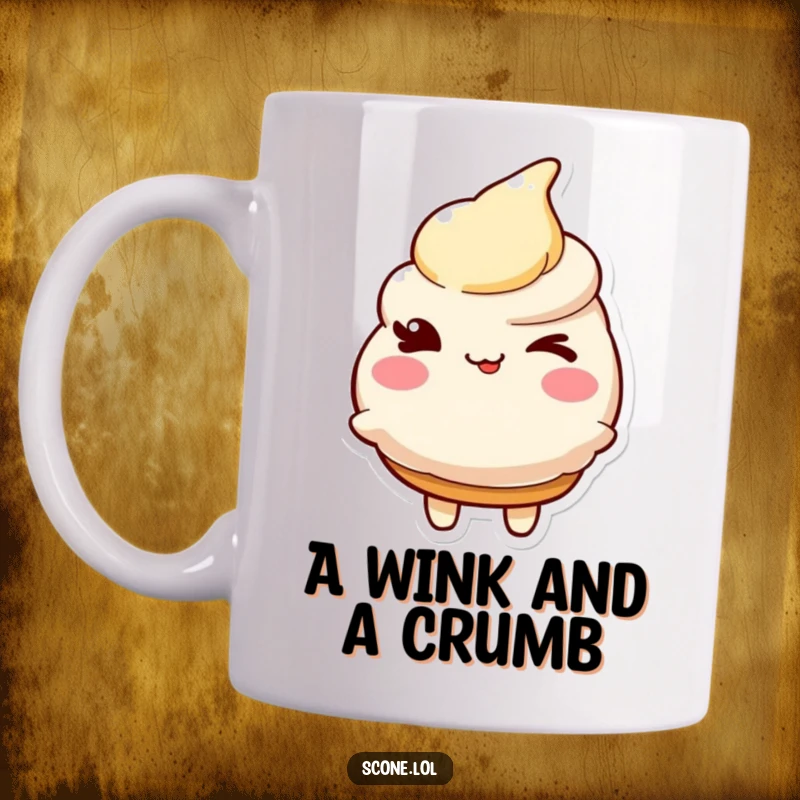 Funny mug showing a delightful scone character giving a friendly, mischievous wink, exuding charm and humor.