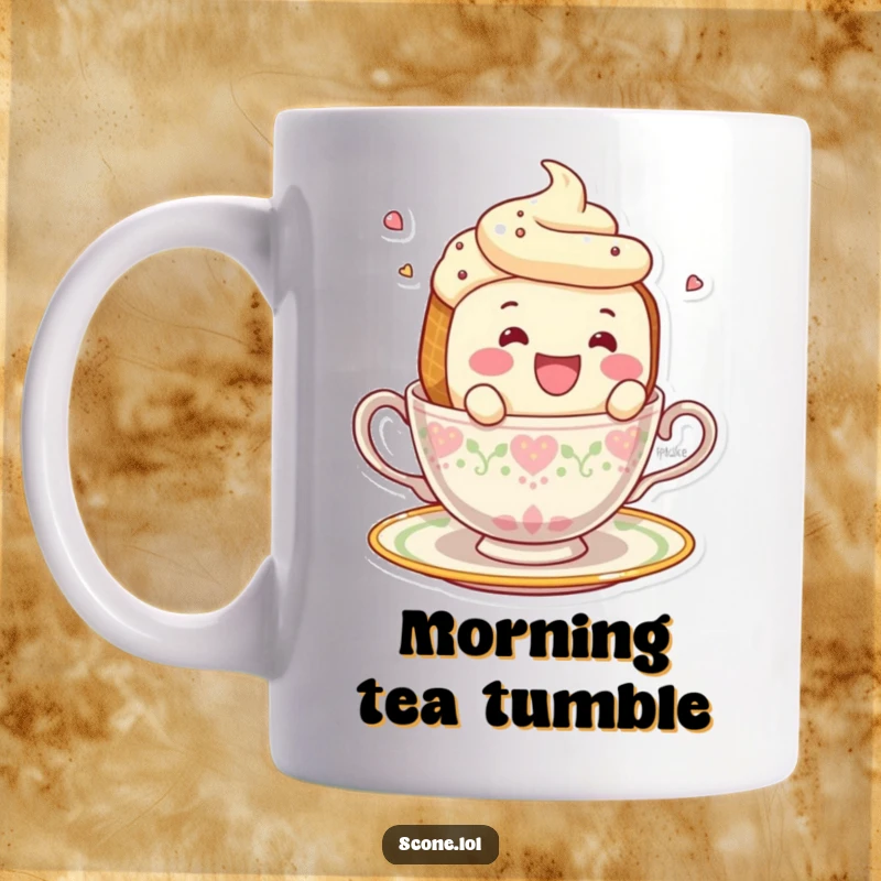 Funny smiling scone character comically falling off the edge of a teacup on a coffee mug.