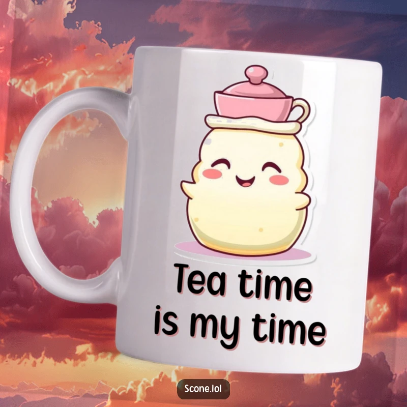 Funny mug showing a scone character wearing a tiny teacup as a hat, grinning with whimsical tea party charm.