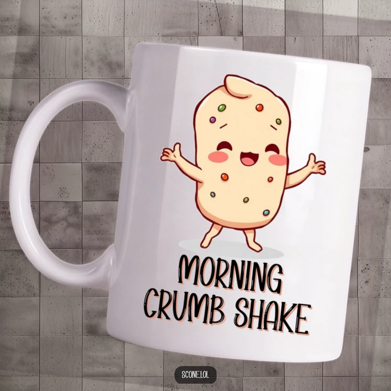 Funny scone character doing a hilarious wobbly dance with crumbly limbs, on a coffee mug.