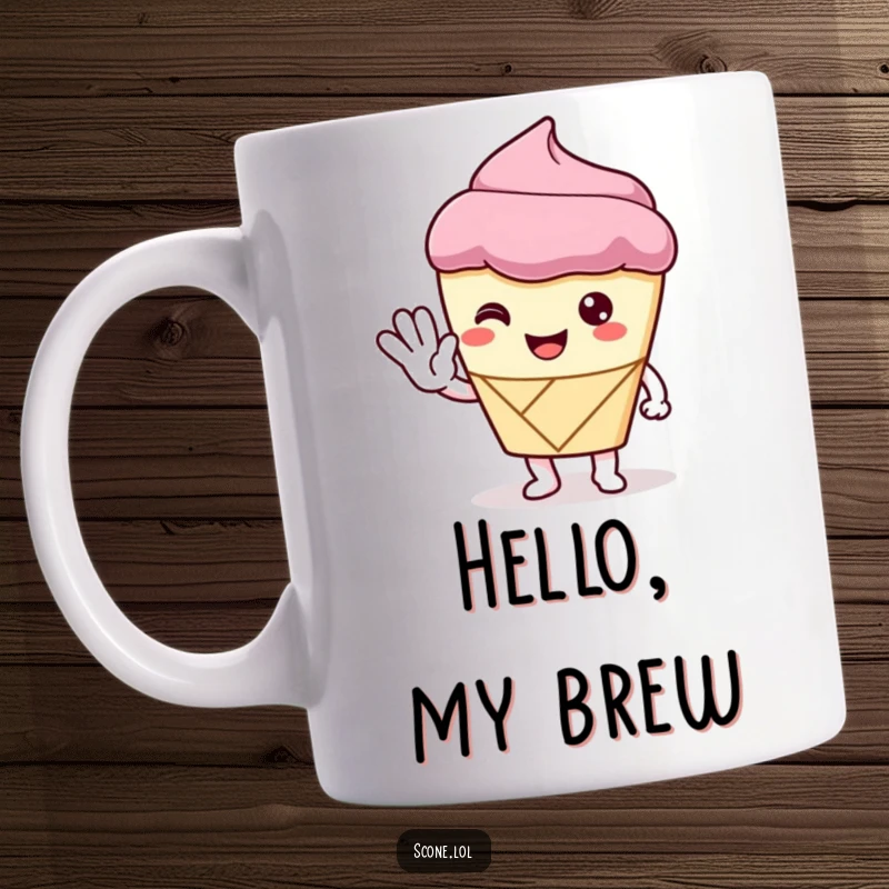 Funny Mug with a scone character offering a polite wave with its pastry hand, embodying friendly greetings and sweetness.