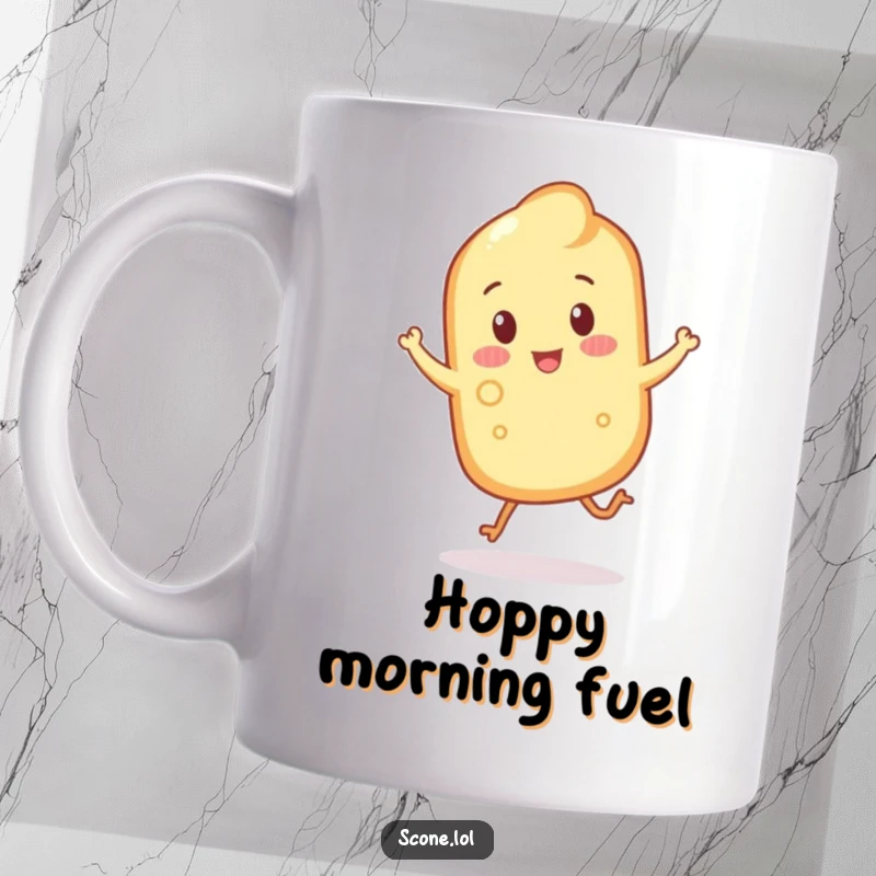 Funny scone with crumbly legs doing a cheerful hop, depicted on a mug, spreading morning energy.