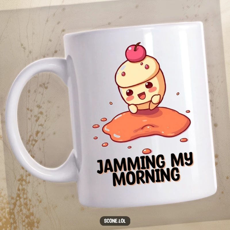 Funny mug featuring a scone character dramatically sliding across a sticky puddle of jam. Hilarious food action.