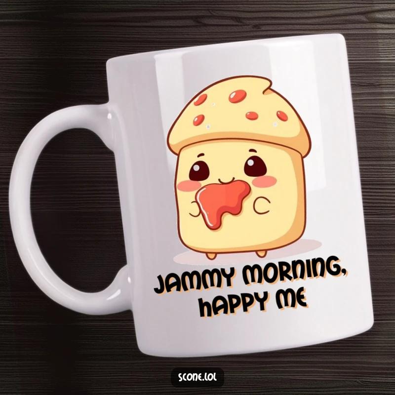 Funny mug showing a happy scone character with jam splattered on its face, looking blissfully pleased with its treat.