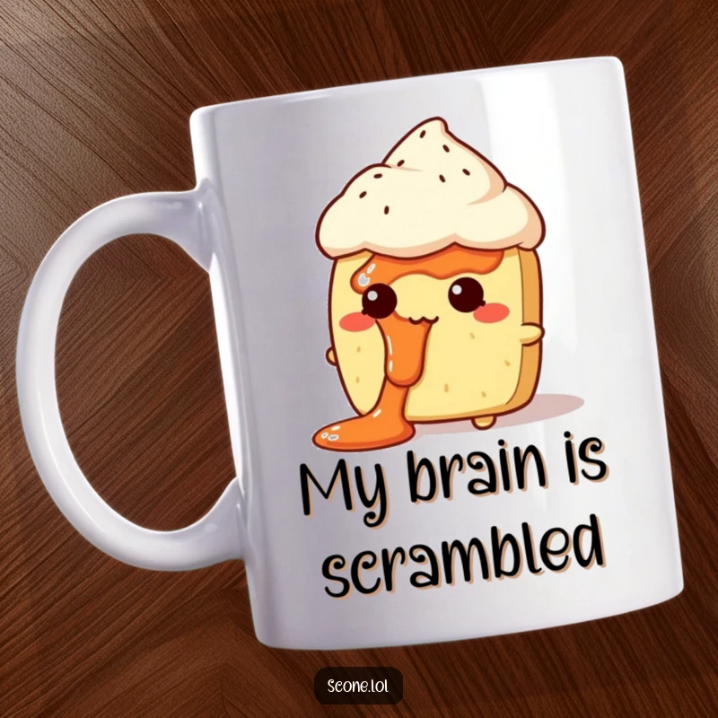 Funny Jam Face Scone Mug: A bewildered scone character with jam smeared comically across its face and looking confused.