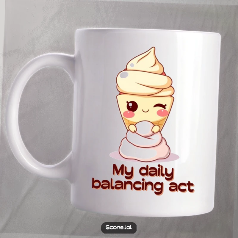 Funny scone character winking playfully while expertly balancing a fluffy dollop of cream on its head, perfect for coffee lovers.