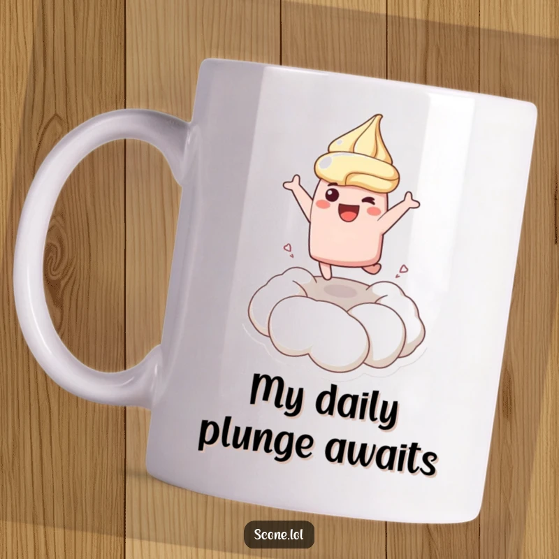 Funny mug showing a scone character joyfully leaping headfirst into a fluffy dollop of cream with pure excitement.