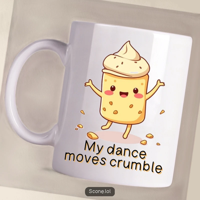 Funny scone mug with a scone doing a silly dance, surrounded by scattered crumbs, bringing energetic humor to your coffee.