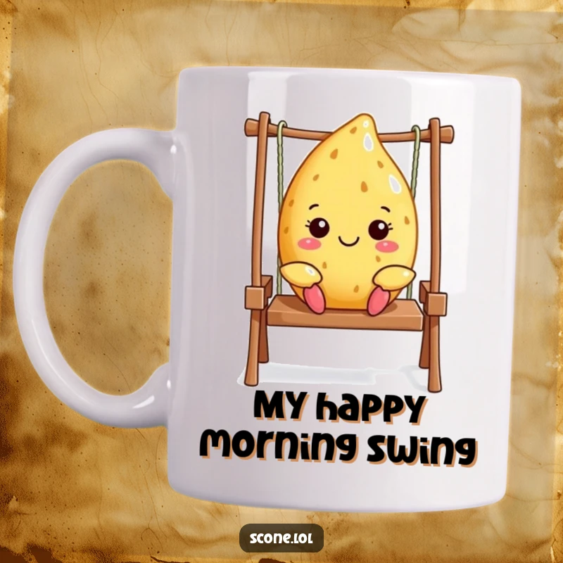 Funny Scone Swing Mug: A happy scone character joyfully swings high, embodying pure, carefree bliss. Great funny gift.