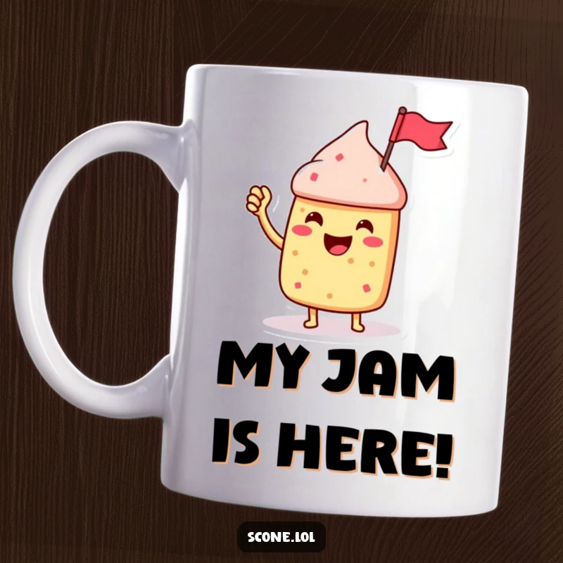 Funny Scone Character Mug, waving a tiny jam jar flag enthusiastically, radiating jubilant and sweet celebration.