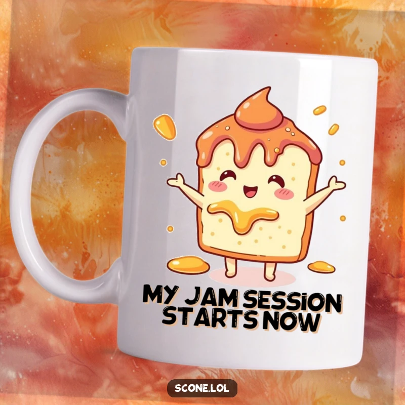 Funny Scone Jam Dance Mug: A scone joyfully dancing with jam splattered, celebrating a delightful moment.