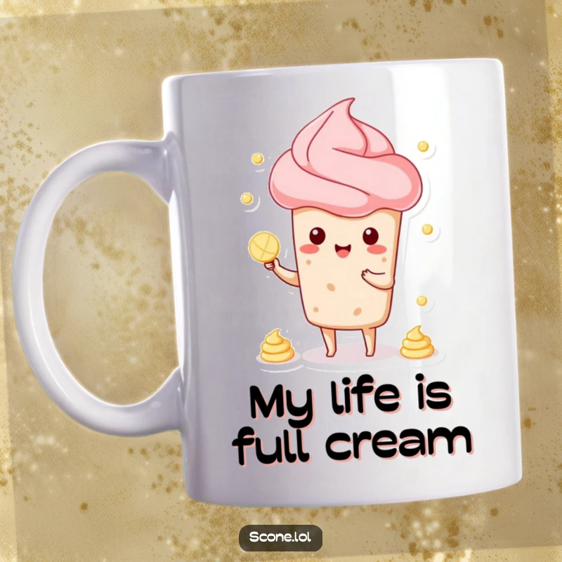 Funny mug featuring a cartoony scone character expertly juggling small white dollops of cream, looking focused and pleased.