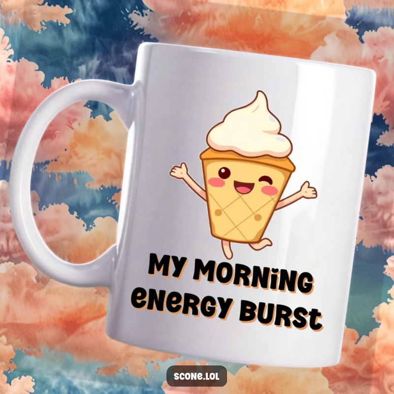 Funny Scone Character Mug, wearing a cream hat, jumping gleefully, a burst of breakfast cheer.