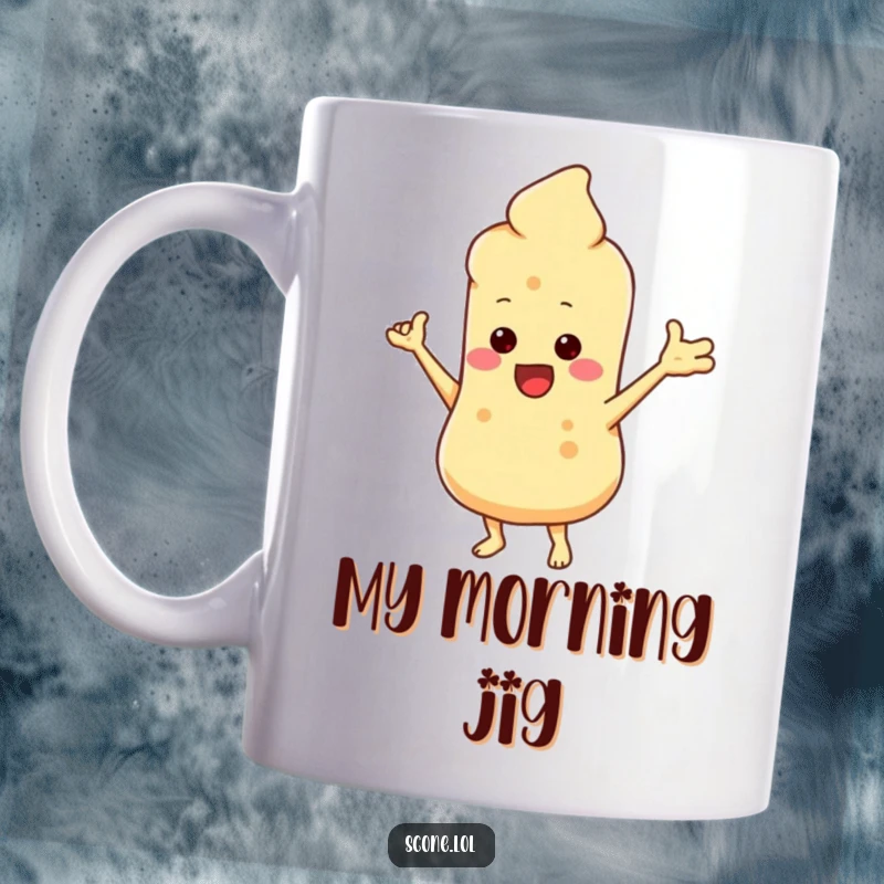 Funny mug featuring a scone character with tiny arms out, enthusiastically doing a silly dance. Perfect pastry humor gift.