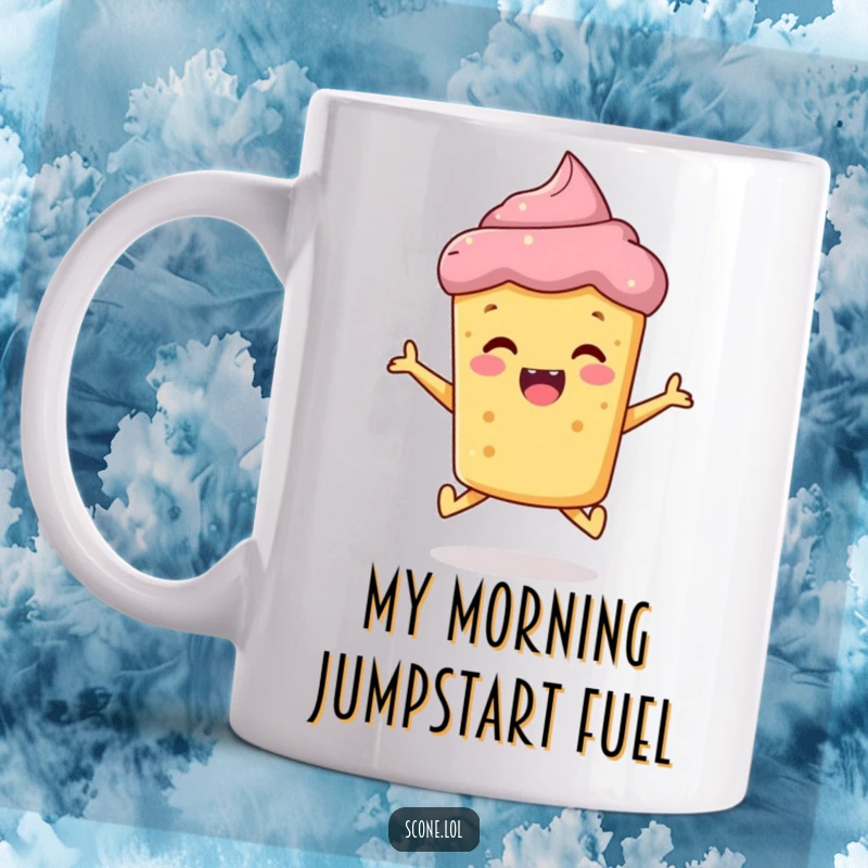 Funny scone mug, a cheerful baked good in mid-air jump, expressing pure joy and delight in its funny design.