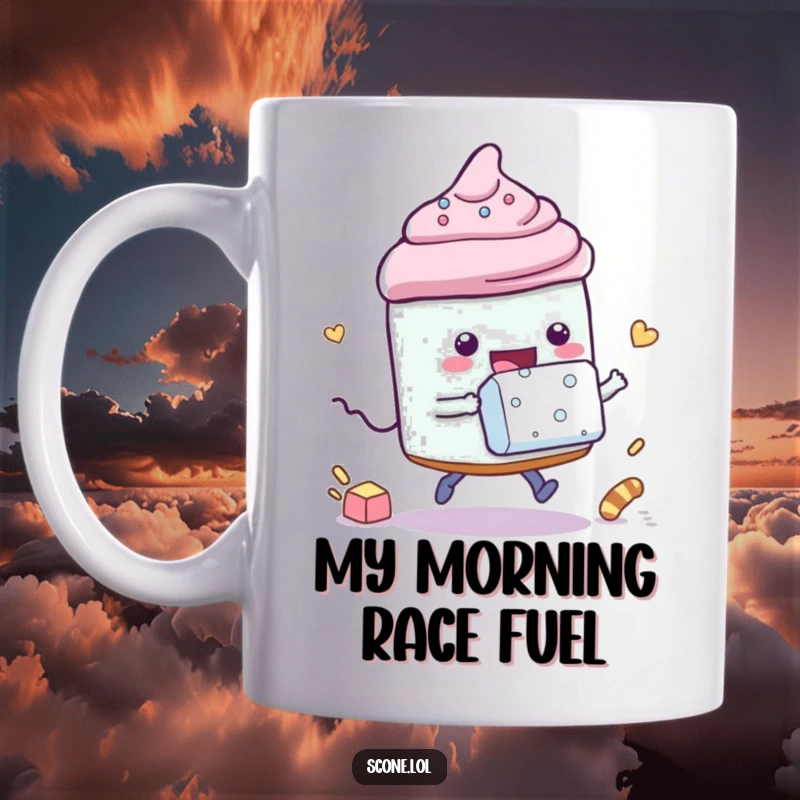 Funny mug depicting a scone character in a playful race against a sugar cube, both showing determination and humor.