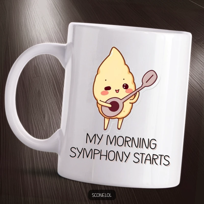 Funny mug depicting a scone character playing a tiny spoon like a musical instrument with a focused, joyful expression.