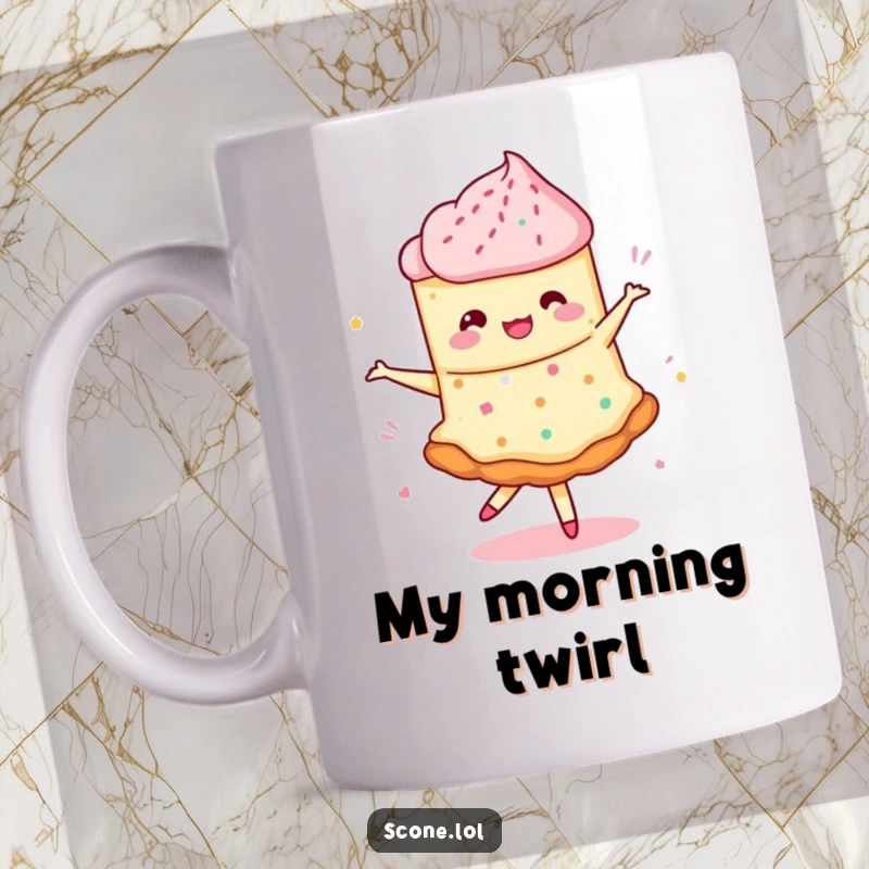 Funny mug showing a scone performing a whimsical pirouette with jam swirling, a delightful and humorous baking design.