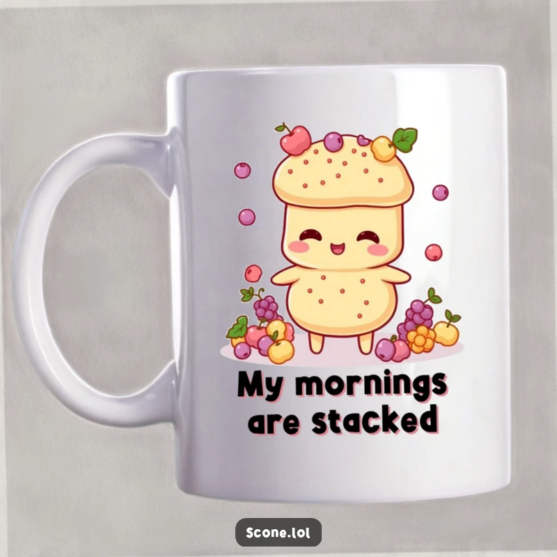 Funny Scone Juggler Mug: A charming scone character expertly tossing tiny currant decorations with a playful expression.