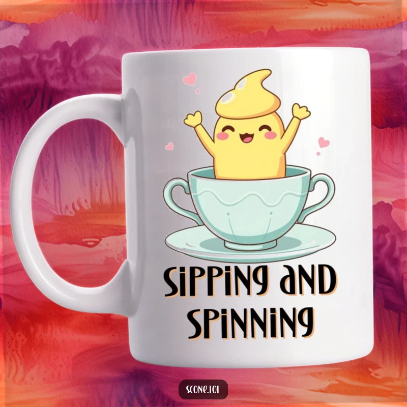 Funny Teacup Dance Scone Mug: A scone character performing a clumsy yet fun dance inside a teacup.