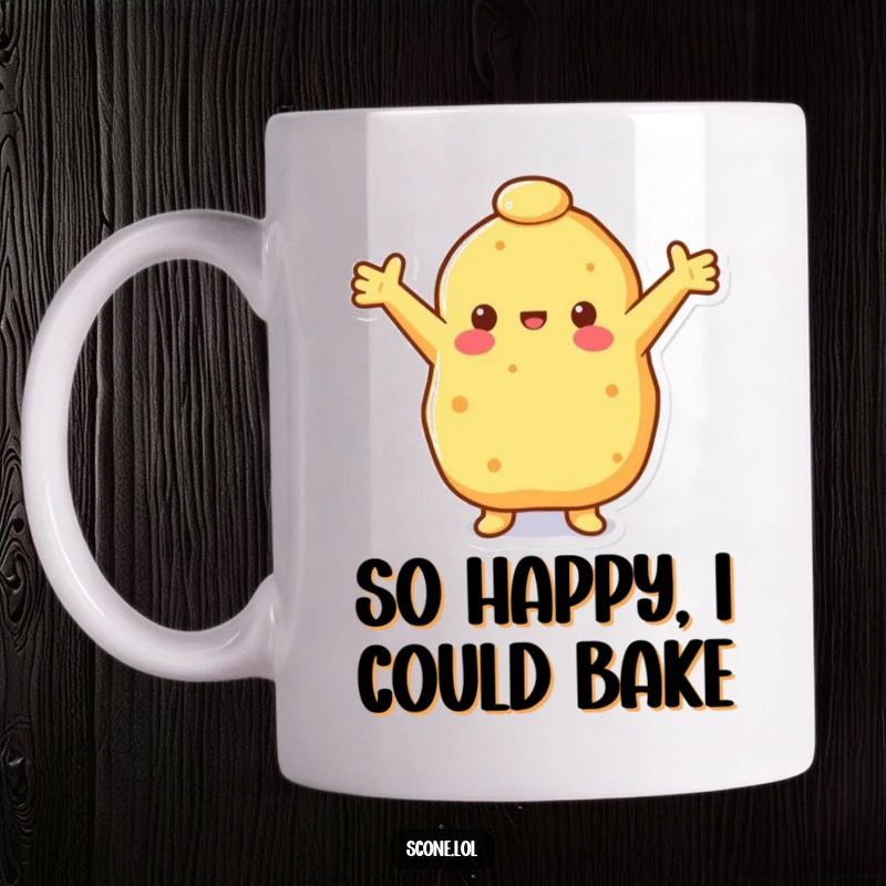 Funny happy scone mug with outstretched arms, radiating warmth and joy, perfect for a cheerful coffee or tea break.