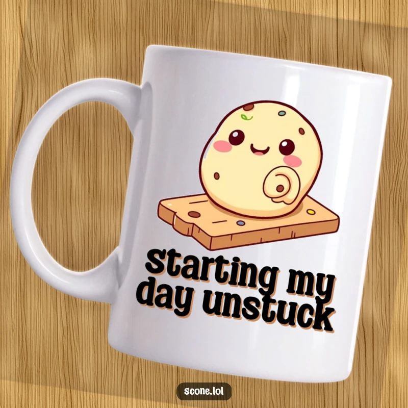 Funny mug featuring a scone joyfully rolling down a pastry board, a humorous scene for any baker's kitchen.