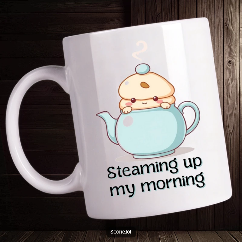 Funny Mug featuring a scone character peeking from behind a steaming teapot, embodying coziness and playful secrets.