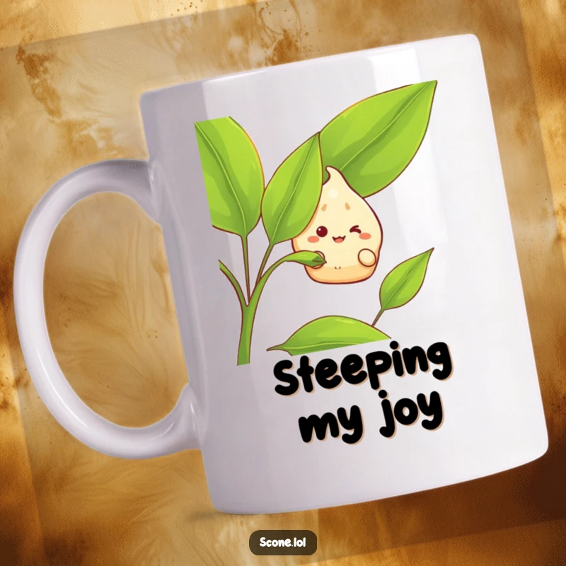 Funny Mug: A scone character grins mischievously while peeking from behind a large tea leaf, suggesting a delightful surprise.