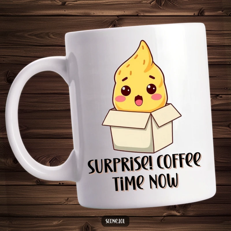 Funny scone mug, a baked good with a surprised expression emerging from a gift box, creating a humorous peekaboo effect.